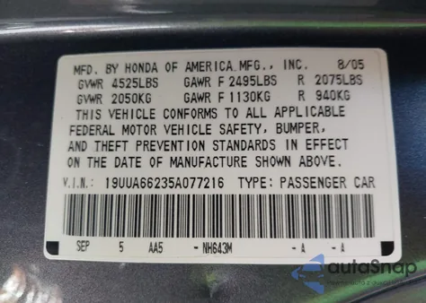 2005 Acura Tl z USA, uszkodzony, nr VIN 19UUA66235A077216